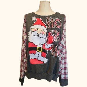 Santa HO HO HO upcycled Christmas sweatshirt with flannel sleeves size XL